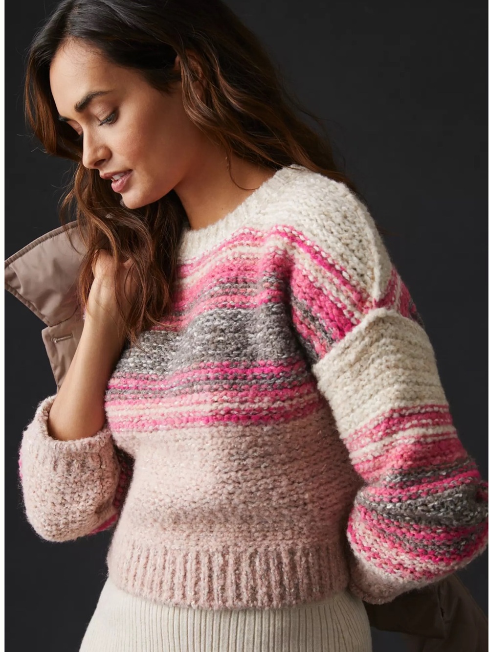 Pilcro Crewneck Pullover Sweater Size Medium Pink Chunky Knit Oversized Preppy